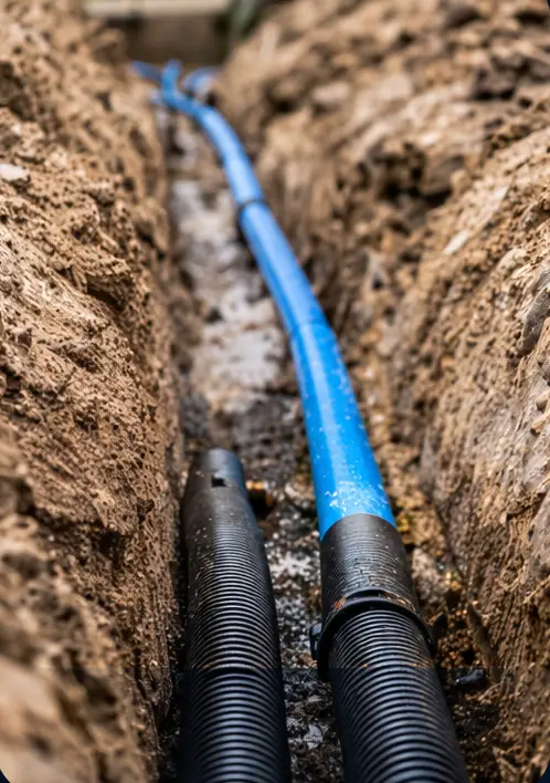 Civiele werkzaamheden met graafmachine bij aanleg ondergrondse infrastructuur
